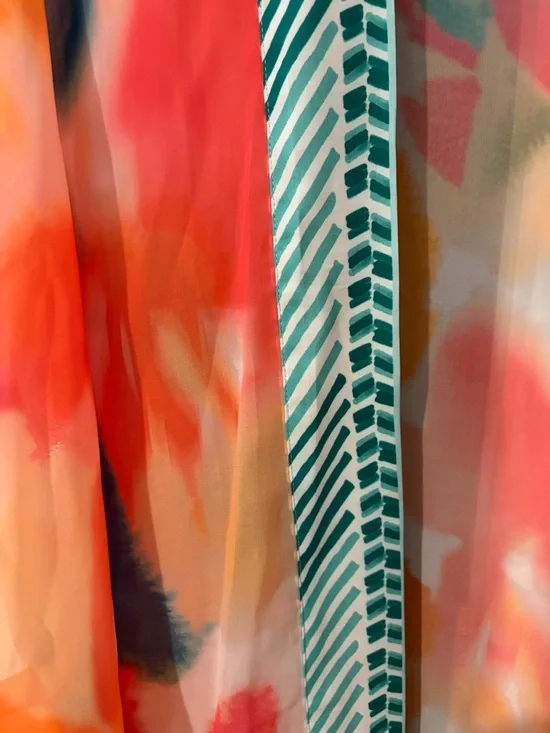 Chico's Multicolor Watercolor Open-Front Kimono with Teal Trim - Picture 3 of 8